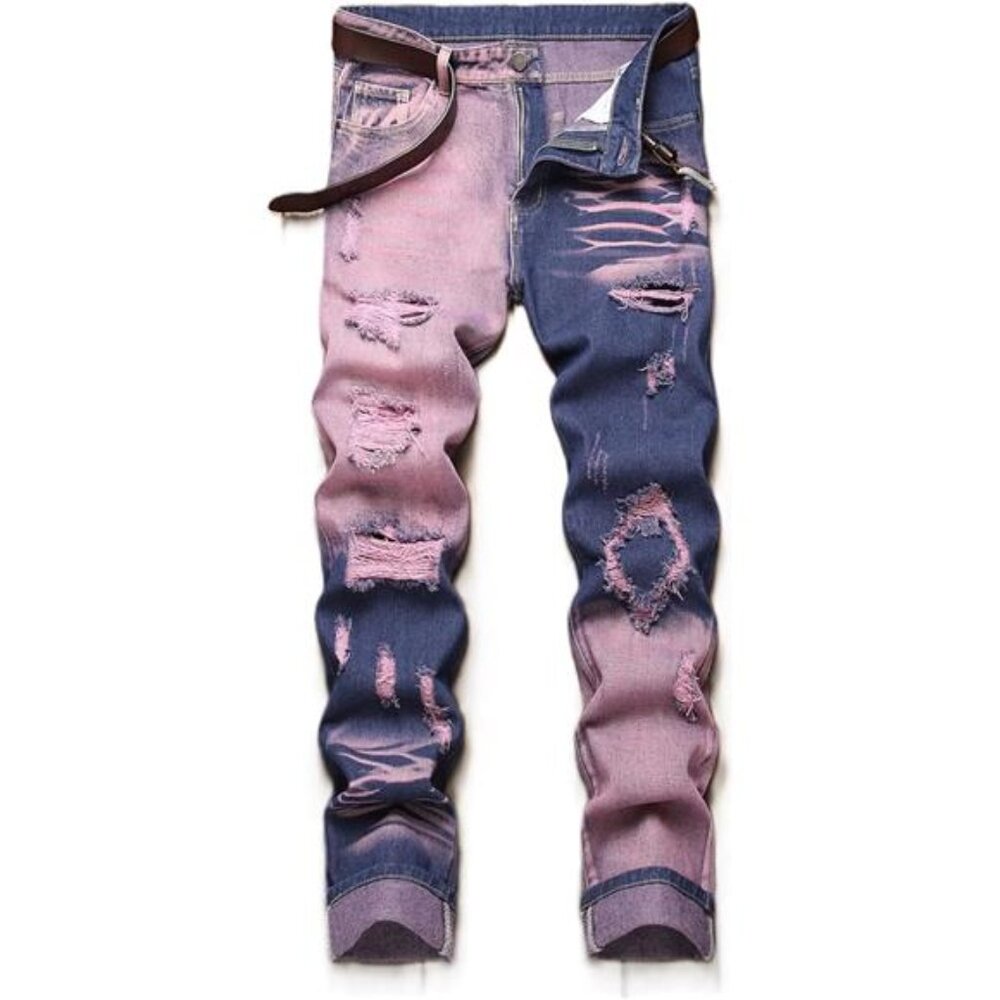 Men's Ripped Jeans Regular Fit Distressed Slim Straight Leg Stacked Biker